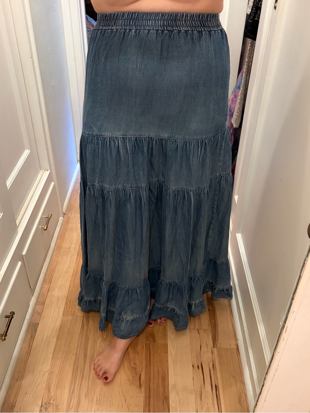 mittoshop Washed Denim Blue Tiered Maxi Skirt - L
